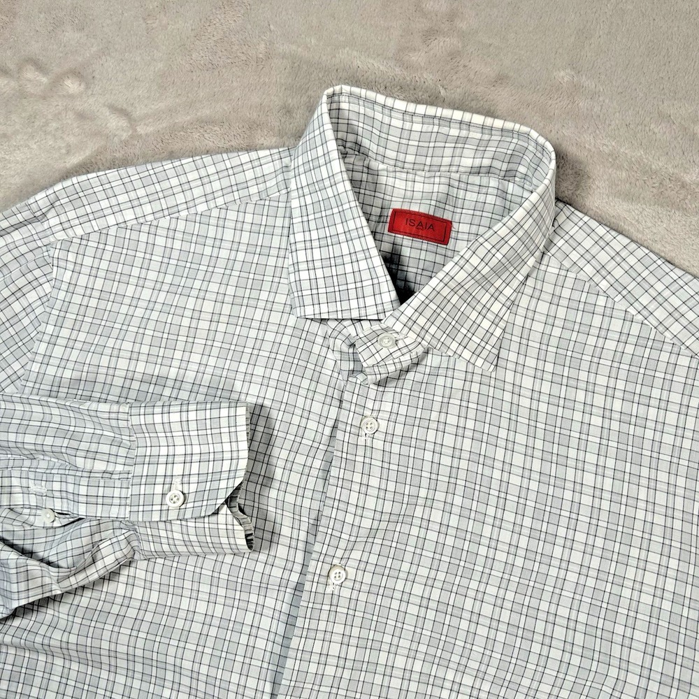 Isaia Napoli Plaid Dress Shirt Mens 16.5 42 Check Cotton Long Sleeve Italy W2918